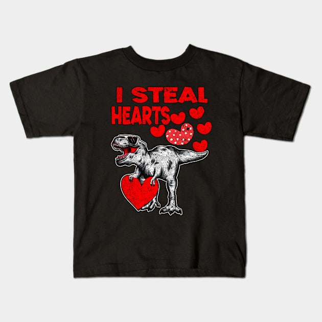 Kids I Steal Hearts Trex Dino Cute Baby Boy Valentines Day Kids T-Shirt by Marcekdesign